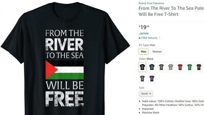 A screenshot of a shirt being sold on Amazon that says: "From the river to the sea, Palestine will be free,” which calls for the forced removal of Jews from their homeland and for the destruction of the world’s only Jewish state.  Source: Screenshot.