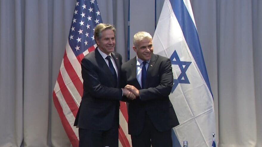 U.S. Secretary of State Antony Blinken with then-Israeli Foreign Minister and current Prime Minister Yair Lapid in Riga, Latvia, on March 7, 2022. Source: Screenshot.