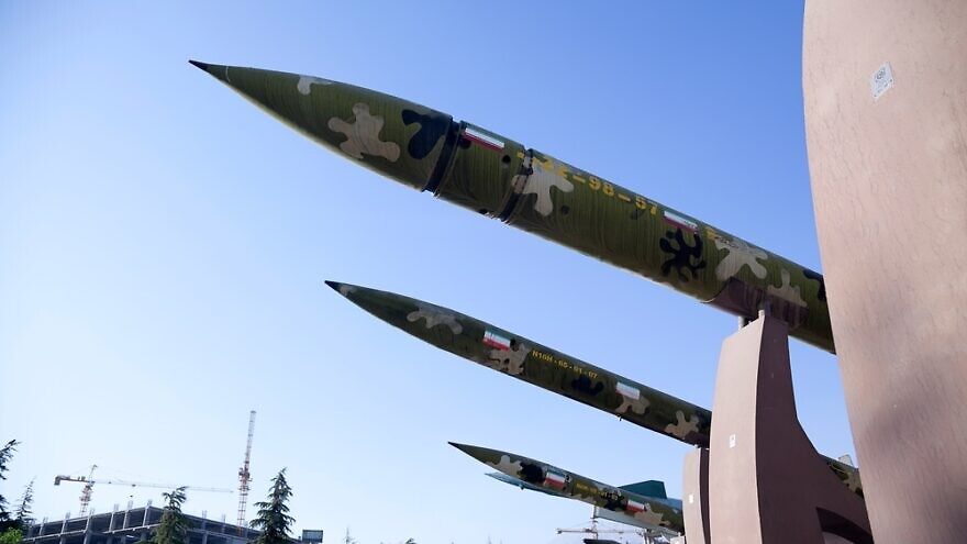 Iranian military missiles, long-range, short-range and satellite missiles on display at a military museum in Tehran. Credit: saeediex/Shutterstock.
