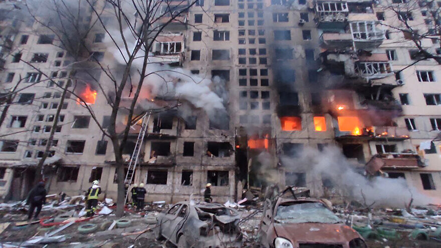 This nine-story apartment building on Bohatyrska Street in Kyiv was bombarded by Russian forces, March 14, 2022. Credit: State Emergency Service of Ukraine via Wikimedia Commons.