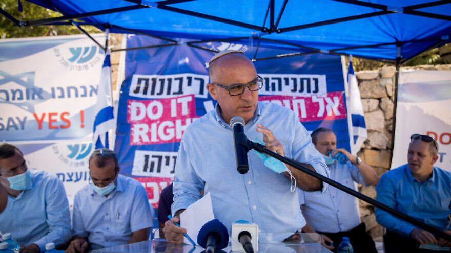 Yigal Dilmoni, CEO of the Yesha Council at the protest tent for Israeli sovereignty in the Jordan Valley, Judea and Samaria and against the current plan outside the Prime Minister's Office in Jerusalem on June 21, 2020. Photo by Yonatan Sindel/Flash90