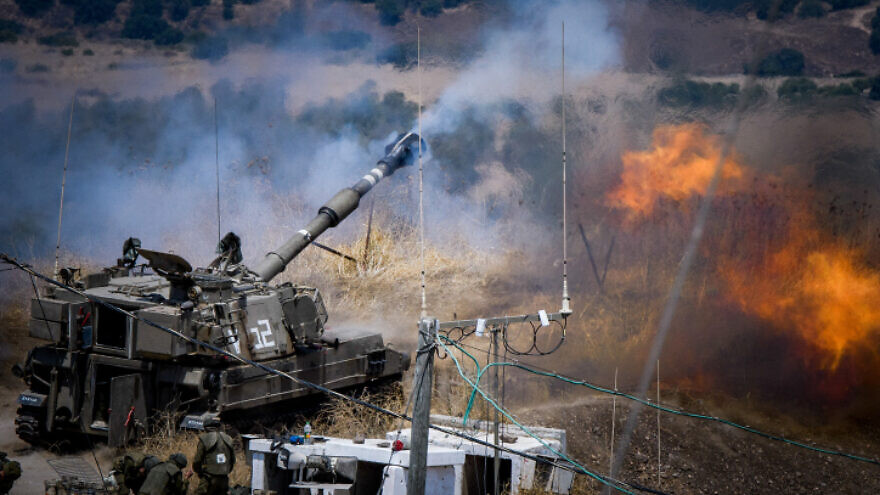 Israeli artillery fires into Lebanon, near the northern Israeli border, on Aug. 6, 2021. Photo by Basel Awidat/Flash90.
