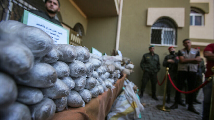 Hashish, marijuana and thousands of pills of Tramadol seized since the beginning of the year, in Gaza City, Oct. 21, 2021. Photo by Atia Mohammed/Flash90.