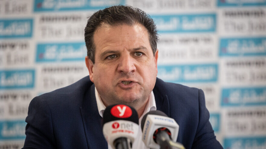 Knesset member Ayman Odeh, head of the Joint Arab List, leads a faction meeting at the Knesset on March 7, 2022. Photo by Yonatan Sindel/Flash90.