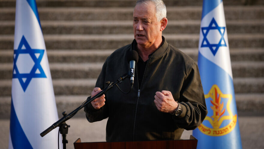 Israeli Defense Minister Benny Gantz gives a statement to the media at the IDF Central Command headquarters in Jerusalem, on March 30, 2022. Photo by Olivier Fitoussi/Flash90.