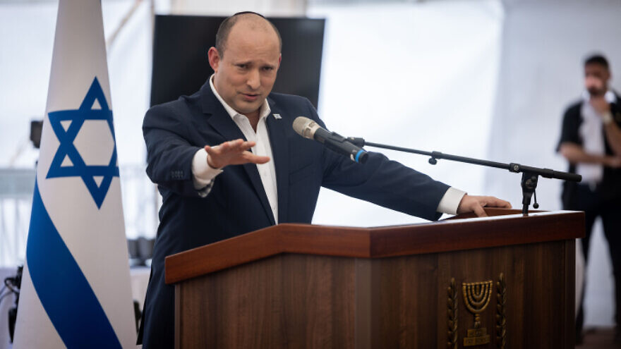 Israeli Prime Minister Naftali Bennett holds a press conference at the Judea and Samaria Division military base, near Beit El, April 5, 2022. Photo by Yonatan Sindel/Flash90.