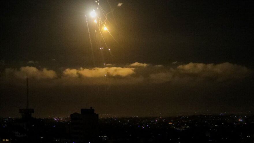 Israel's Iron Dome air defense system intercepts rockets fired from the Gaza Strip, as seen from Gaza City on April 21, 2022. Photo by Attia Muhammed/Flash90.