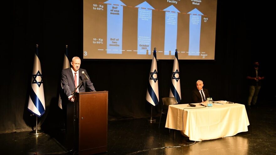Israeli Defense Minister Benny Gantz and Foreign Minister Yair Lapid deliver a policy and security briefing to a group of 80 foreign ambassadors stationed in Israel, on April 6, 2022. Credit: Ariel Hermoni/Israeli Defense Ministry.