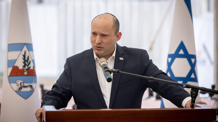 Israeli Prime Minister Naftali Bennett holds a press conference at the Judea and Samaria Division IDF military base, near the settlement of Beit El, on April 5, 2022. Photo by Yonatan Sindel/Flash90.