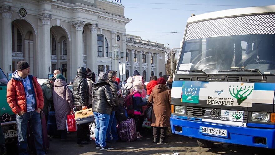 Jewish men, women and children evacuate from the city of Odessa, Ukraine, during Russia's invasion of the country, which began on Feb. 24, 2022. Photo courtesy of JDC.