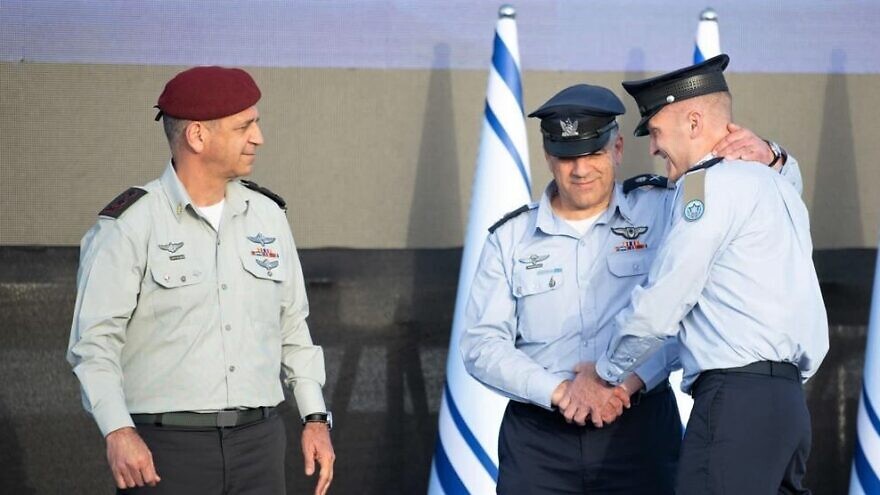 Israel Defense Forces Chief of Staff Lt. Gen. Aviv Kochavi (left) looks on as incoming Maj. Gen. Tomer Bar (right) officially replaces Maj. Gen. Amikam Norkin, outgoing chief of the Israeli Air Force, on April 4, 2022. Credit: IDF Spokesperson's Unit.