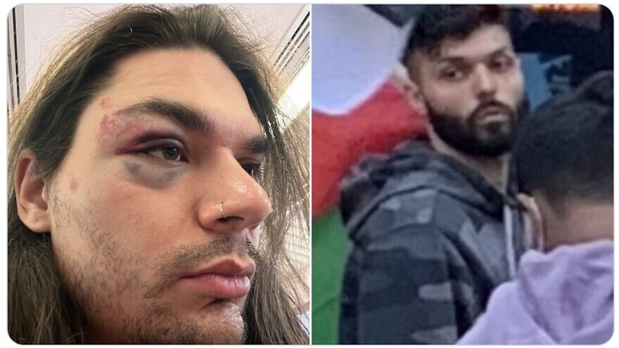 Matt Greenman of New York (left) was assaulted at a rally outside Israel’s consulate and Permanent Mission to the United Nations in Midtown Manhattan on April 20, 2022. Source: StopAntisemitism.org.