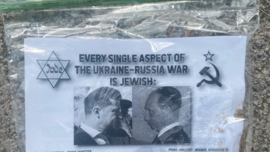 Fliers blaming Russia’s war in Ukraine on Jews were left in front of homes in Beverly Hills, Calif., on the first day of Passover, April 16, 2022. Source: Screenshot.