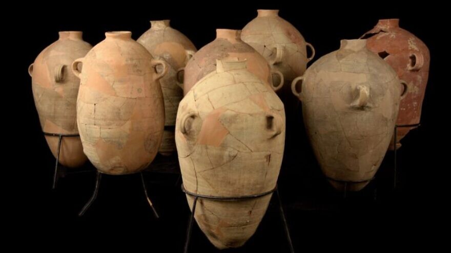 A collection of wine jars after the restoration process. Photo by Dafna Gazit/Israel Antiquities Authority.