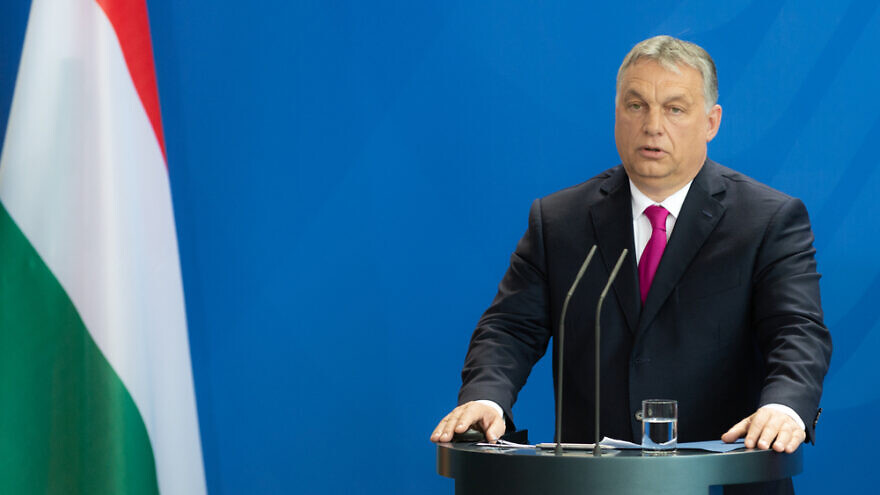 Viktor Orbán, the Prime Minister of Hungary, answers questions at the press conference at the federal chancellery in Berlin. Credit: Photocosmos1/Shutterstock.