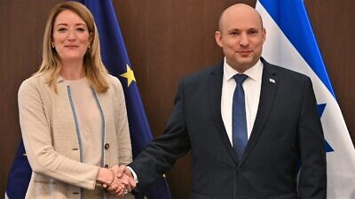 Israeli Prime Minister Naftali Bennett and European Parliament president Roberta Metsola in Jerusalem on May 24, 2022. Credit: Courtesy of the Prime Minister’s Office.