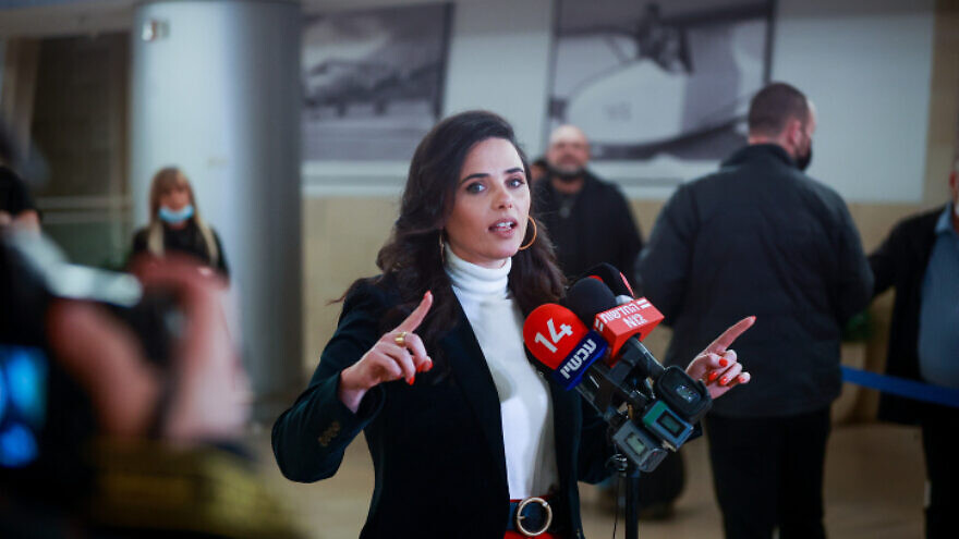 Israeli Interior Minister Ayelet Shaked holds a press conference at Ben Gurion Airport, on March 13, 2022. Photo by Roy Alima/Flash90.
