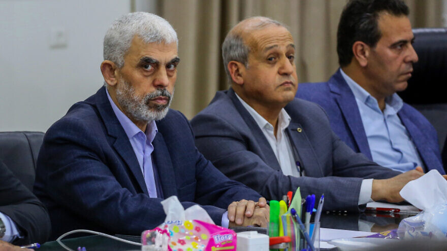 Hamas leader Yahya Sinwar hosts a meeting with members of Palestinian factions, at the Hamas president's office in Gaza City, on April 13, 2022. Photo by Attia Muhammed/Flash90.
