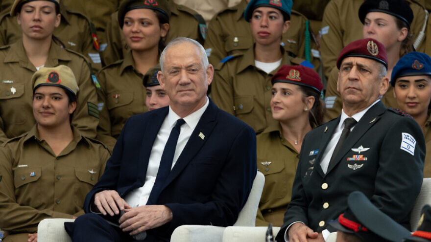 Israeli Defense Minister Benny Gantz (center) and IDF Chief of Staff Aviv Kochavi attend an event for outstanding soldiers as part of Israel's 74th Independence Day celebrations, at the President's residence in Jerusalem on May 5, 2022. Photo by Yonatan Sindel/Flash90.