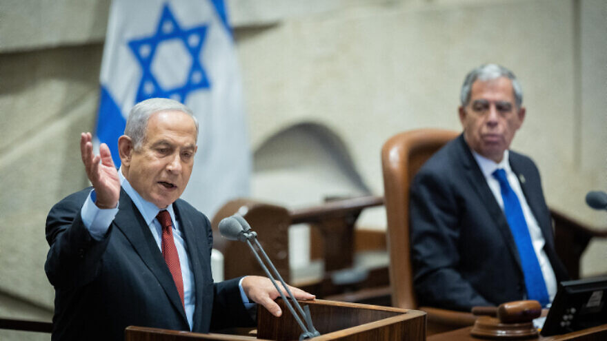 Israeli opposition leader and Likud Party head Benjamin Netanyahu addresses the opening of the Knesset summer session, May 9, 2022. Photo by Yonatan Sindel/Flash90.