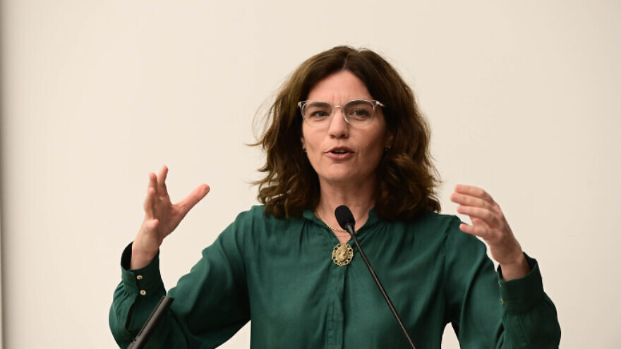 Israel's Environmental Protection Minister Tamar Zandberg speaks at a climate conference in Tel Aviv on April 6, 2022. Photo by Tomer Neuberg/Flash90.