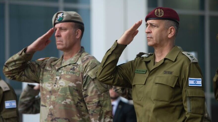 IDF Chief of Staff Lt. Gen. Aviv Kochavi (right) and US CENTCOM Chief of Staff Maj. Gen. Michael Kurilla review an IDF honor guard at IDF headquarters in Tel Aviv, on May 18, 2022. Credit: Israel Defense Forces.