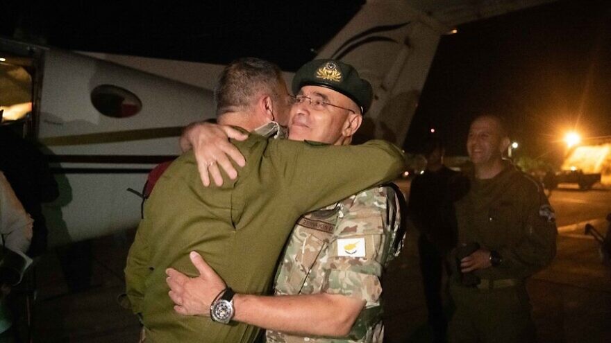 IDF Chief of Staff Lt. Gen. Aviv Kochavi (left) embraces his Cypriot counterpart, Lt. Gen. Demokritos Zervakis, upon his arrival in Cyprus on May 30, 2022. Credit: IDF Spokesperson's Unit.
