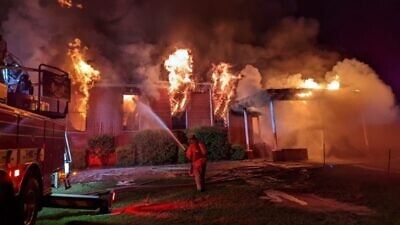 A fire ripped through Chabad-Lubavitch of the Panhandle in Tallahassee, Fla., gutting the newly renovated building and consuming the Torah scrolls on May 8, 2022. Credit: Fire Department of Tallahassee, Fla.