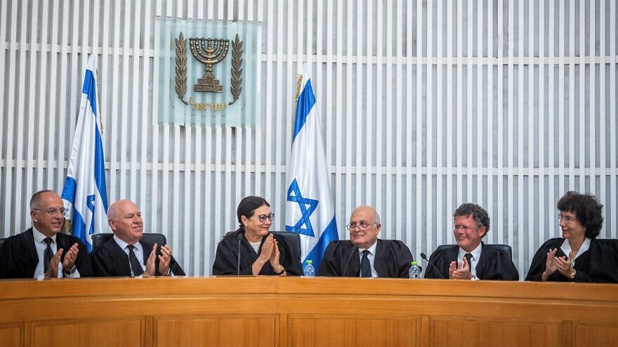 Israeli Supreme Court President Esther Hayut (center) with other justices at court in Jerusalem, May 29, 2022. Photo by Yonatan Sindel/Flash90.
