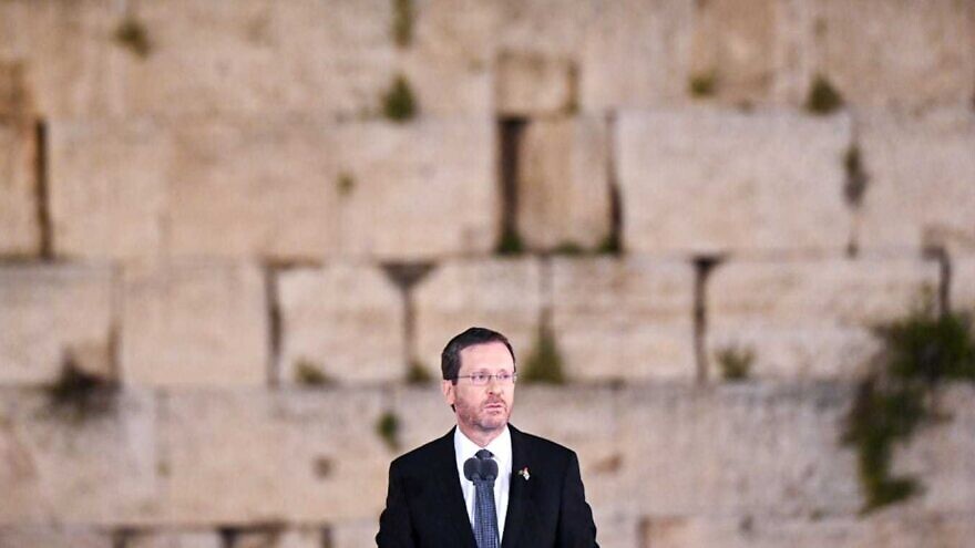 President Isaac Herzog at the Western Wall, speaking on the annual Remembrance Day for the Fallen of Israel's Wars and Victims of Terrorism, May 3, 2022. Photo by Kobi Gideon/GPO.