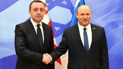 Israeli Prime Minister Naftali Bennett with Georgian Prime Minister Irakli Garibashvili in Jerusalem on May 30, 2022. Credit: GPO/Haim Zach.