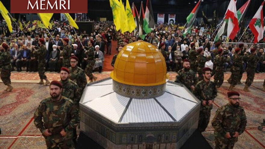 Hezbollah members with a model of the Dome of the Rock at a Quds Day (“Jerusalem Day”) rally in Beirut on  April 29, 2022. Source: Alahednews.com.lb via MEMRI.