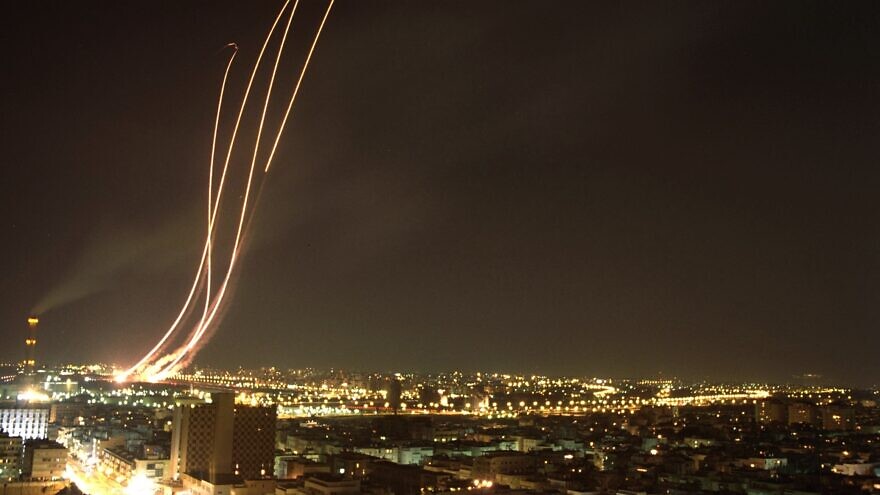 Patriot missiles being launched to intercept an Iraqi Scud missile over the city of Tel Aviv on Feb. 12, 1991. Photo by Alpert Nathan, Israel GPO via Wikimedia Commons.
