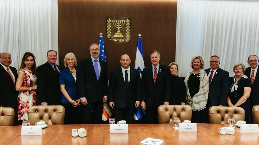 The congressional delegation with Israeli Prime Minister Naftali Bennett (center), May 2022. Credit: Aaron Kaplowitz/USIEA.