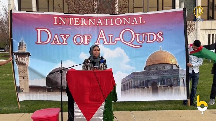 An International Quds Day rally in Michigan featuring speakers who advocated violence against Jews and Israel was streamed ive on the Dearborn. org Facebook page, April 29, 2022. Credit: MEMRI.