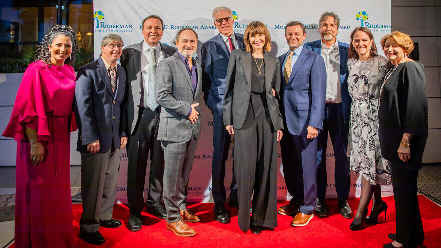 From left to right, Shira Ruderman, Eddie Barbanell, Bobby Farrelly, Kevin Pollak, Ted Danson, Mary Steenburgen, Jay Ruderman, Peter Farrelly, Sharon Shapiro and Marcia Ruderman on the red carpet on Tuesday at the Waldorf Astoria Beverly Hills. Credit: Joe Chung Photography.