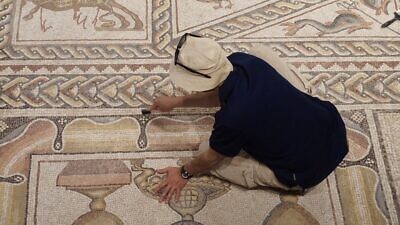 Last-minute touches to a 1,700-year-old mosaic before the official dedication of the Shelby White and Leon Levy Lod Mosaic Archaeological Center in Lod, Israel, on June 28, 2022. Photo: Judy Lash Balint.