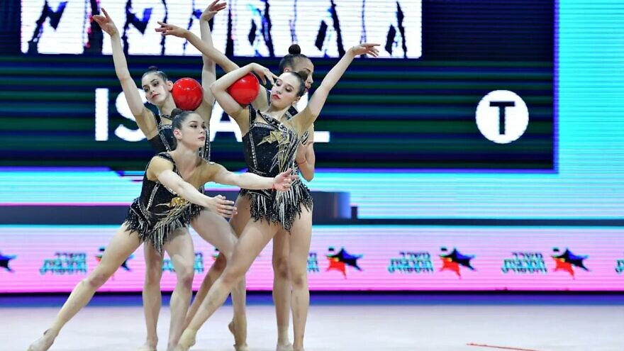 Israel’s rhythmic gymnastics team came in first place for the gold medal in the group all-around category at the 2022 Rhythmic Gymnastics European Championships in Tel Aviv, June 2022. Source: 2022 Rhythmic Gymnastics European Championships/Twitter.