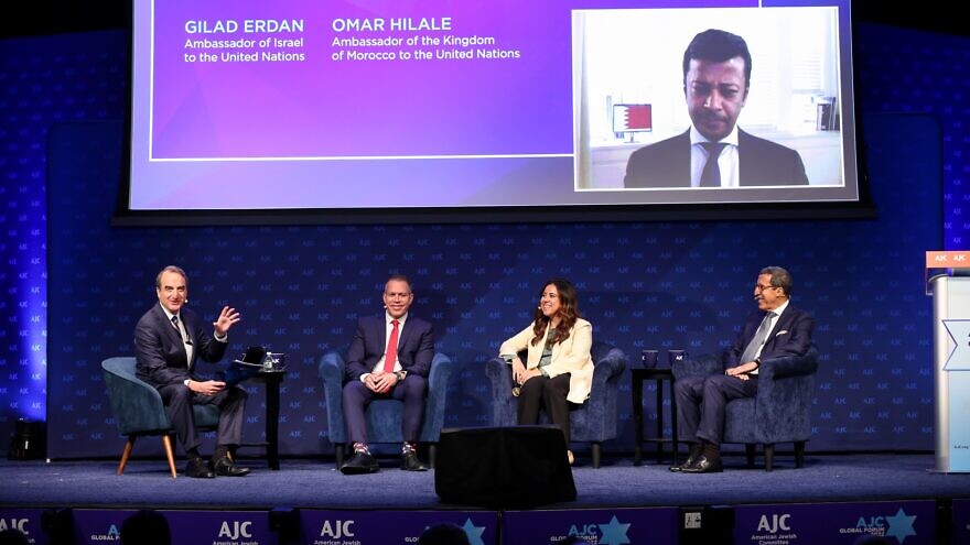 Jason Isaacson, AJC Chief Policy and Political Affairs Officer, moderates a conversation with Israeli Ambassador to the United Nations Hilad Erdan; UAE Ambassador to the United Nations Lana Nusseibeh; Morroco Ambassador to the United Nations Omar Hilale; and (in Zoom box) Jamal Fares Alrowaiei, Bahrain ambassador to the United Nations discussed the benefits of the Abraham Accords, June 2022. Credit: American Jewish Committee.