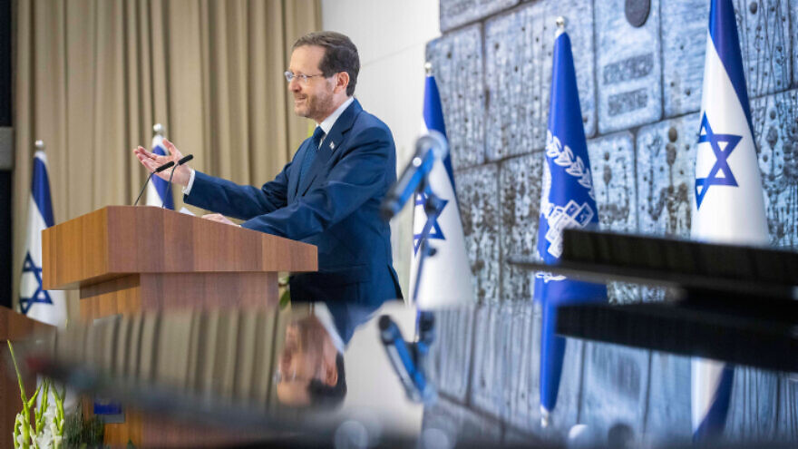 Israeli President Isaac Herzog at a swearing in ceremony for newly appointed supreme court justices, at the President's Residence in Jerusalem, on June 9, 2022. Photo by Olivier Fitoussi/Flash90.