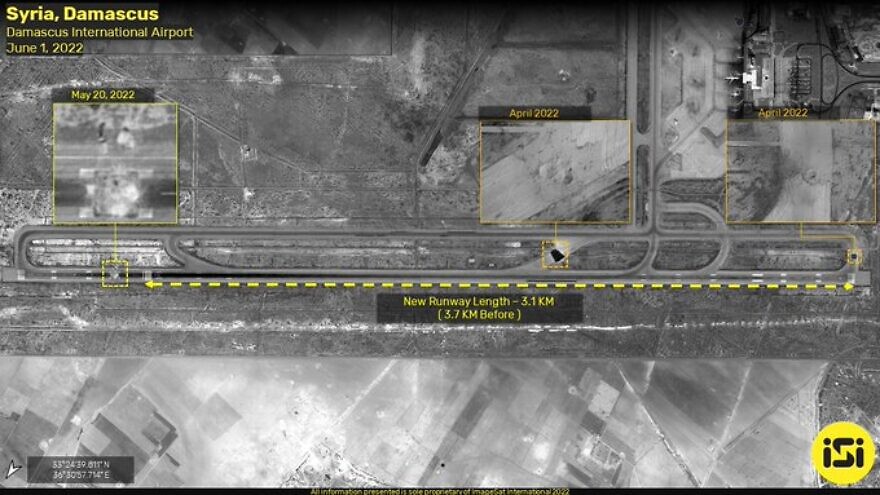 Satellite images of the damage to Damascus International Airport cause by alleged Israeli strikes, June 1, 2022. Credit: Image Sat International.