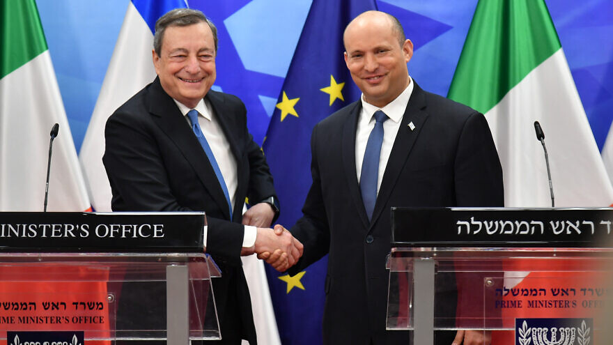 Israeli Prime Minister Naftali Bennett holds a joint press conference with Prime Minister of Italy Mario Draghi at the Prime Minister's Office in Jerusalem on June 14, 2022. Photo by Yoav Ari Dudkevitch/POOL.