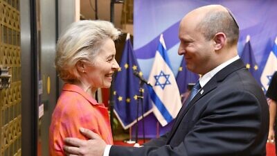 Israeli Prime Minister Naftali Bennett meets with European Union Commission President Ursula von der Leyen at the Prime Minister's Office in Jerusalem, on June 14, 2022. Credit: Haim Zach/GPO.