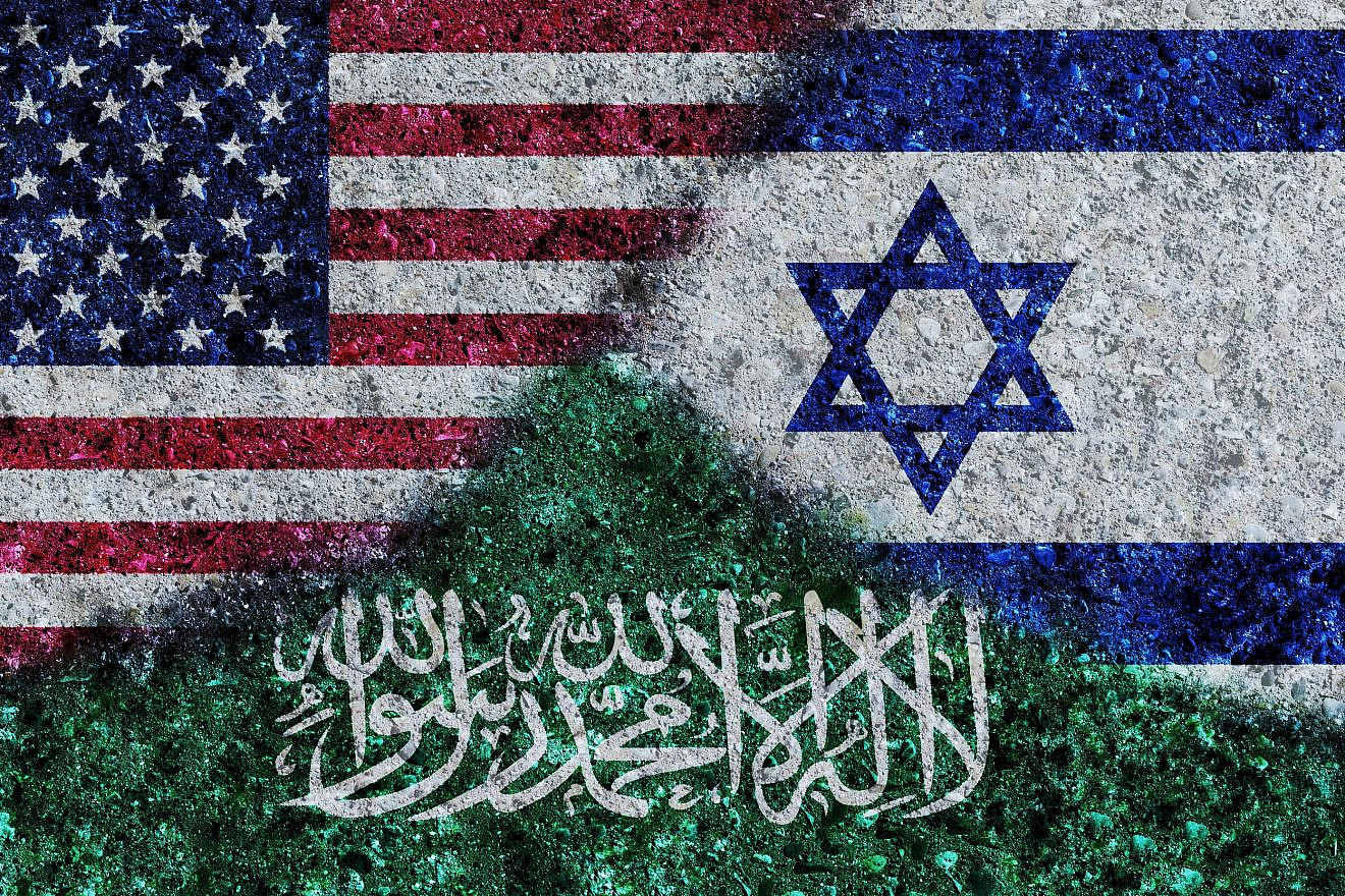 The flags of Israel, Saudi Arabia and the United States. Credit: OnePixelStudio/Shutterstock.