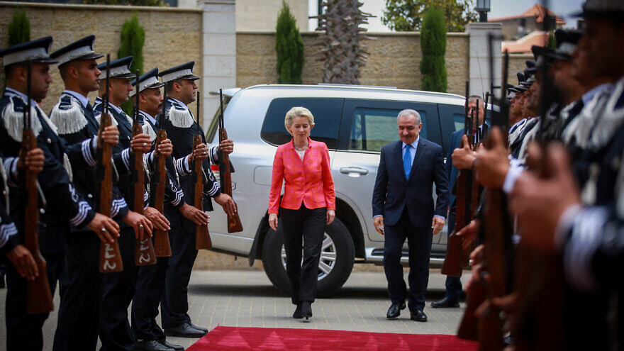 Palestinian Prime Minister Mohammad Shtayyeh receives president of the European Commission Ursula von der Leyen in the West Bank city of Ramallah, on June 14, 2022. Photo by Flash90.