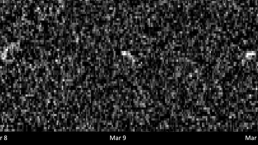Images of asteroid Apophis recorded by radio antennas at the Deep Space Network’s Goldstone complex in California and the Green Bank Telescope in West Virginia. The asteroid was 10.6 million miles (17 million kilometers) away, and each pixel has a resolution of 127 feet (38.75 meters). Credits: NASA/JPL-Caltech and NSF/AUI/GBO.