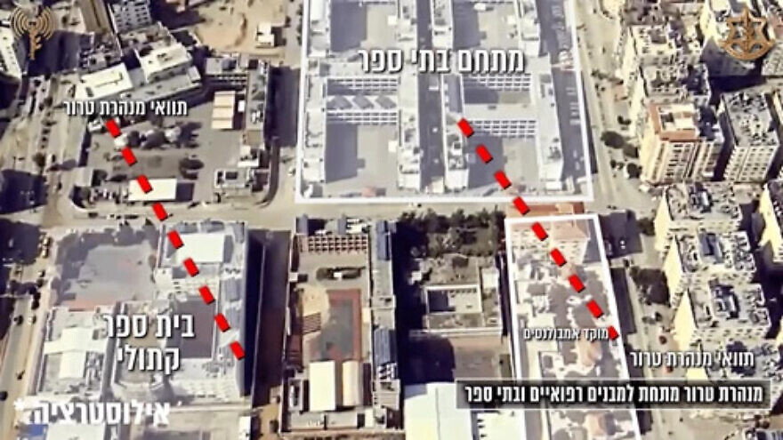 In this image of the Gaza Strip, the red dotted lines indicate the path of Hamas tunnels, which run under school grounds (highlighted in white at top and left) and an ambulance dispatch center (bottom right). Credit: IDF.