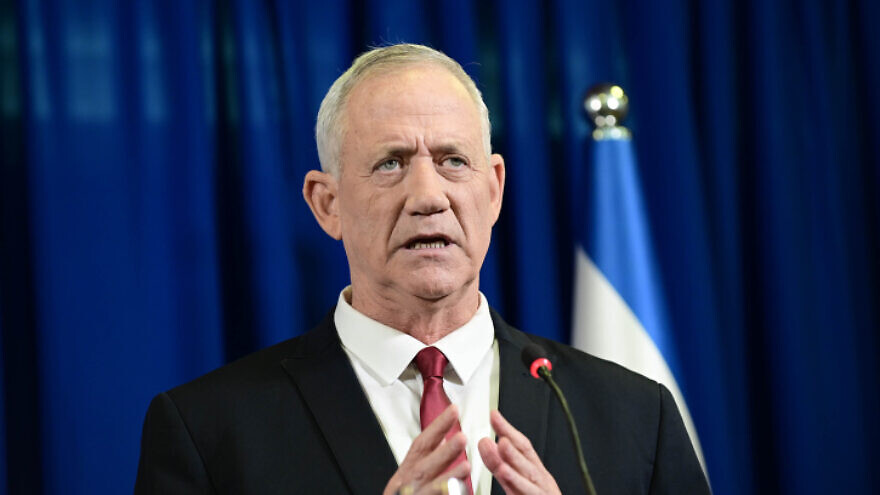 Israeli Defense Minister Benny Gantz speaks during a joint press conference with Justice Minister Gideon Sa'ar, announcing the merger of their political parties ahead of the upcoming election, in Ramat Gan, July 10, 2022. Photo by Tomer Neuberg/Flash90.