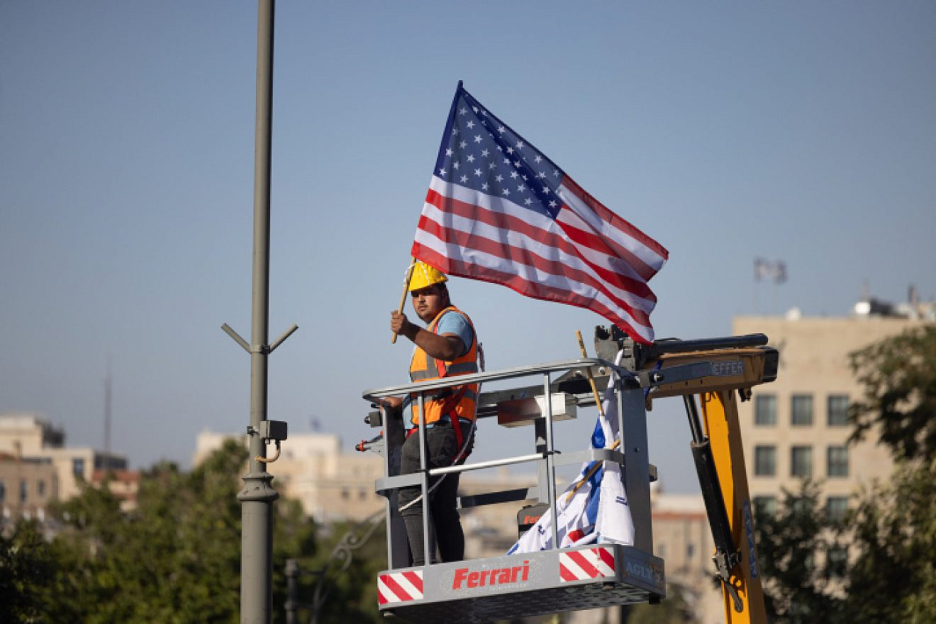 American flags being hung in Jerusalem ahead of U.S. President Biden's visit, July 10, 2022. Photo by Yonatan Sindel/Flash90.