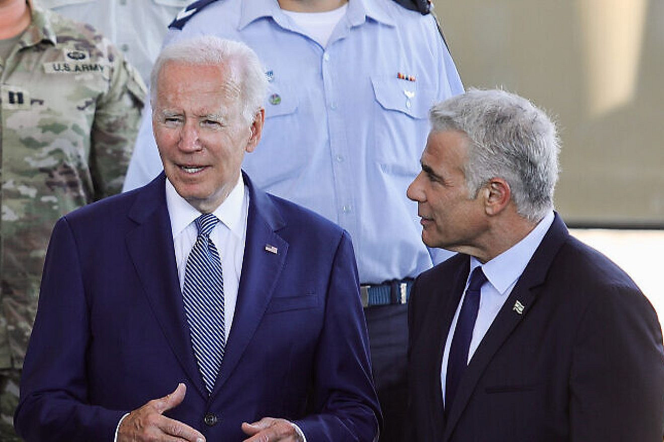 U.S. President Joe Biden and Israeli Prime Minister Yair Lapid review some of Israel's air-defense systems after Biden's arrival at Ben-Gurion Airport, on July 13, 2022. Photo by Marc Israel Sellem/POOL.